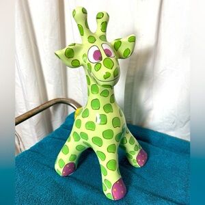 Giraffe Piggy Bank Ceramic Ganz signed Pati Green Polka Dots & Purple Eyes 15”